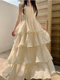 Nukty French Elegannt Strap Ruffles Romantic Cake Women's Dresses Backless Sleeveless Princess Vestidos Spring Summer New Robe