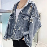 Nukty Fashion Blue Ripped Denim Jacket Y2K Distressed Streetwear Hip Hop Broken Hole Jeans Biker Jackets Men's Spring Jackets