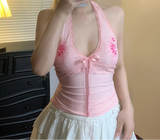 Nukty Pink Floral Embroidery Halter Tank Top Cute Coquette Lace Stitching Bow V-neck Crop Top Women Casual Tees Summer Vest y2k