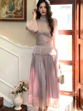 Nukty Elegant Chic French Pleated Solid Dresses New Puff Sleeves Slim Wasit Midi Women's Dresses Party Prom Female Clothes Mujer