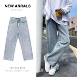 Nukty New Men Casual Long Jeans Fashion Classic Male Loose Straight Wide Leg Denim Pants Solid Color Light Blue Grey Black 3XL