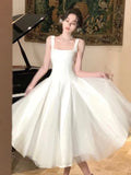 Nukty White Elegant Fairy French Sling Dress For Woman Summer Mesh Ball Gown Square-Collar Slim Fit Skirt Party Evening Dress