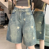 Nukty Y2K Star Printed Denim Shorts Women Fashion High Waist Wash Knee Length Jeans Bf Summer Streetwear Loose Wide Leg Pants