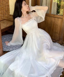 Nukty Elegant Maxi Dresses For Women White Off Shoulder Puff Long Sleeve Elastic High Waist Party Gown Ruffle Holiday Dress
