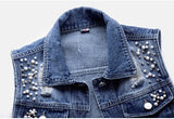 Nukty Denim Women Vest Luxury Pearls Fashion Ripped Autumn Plus Size Jeans Jacket Sleeveless Loose Short Coat Causal Waistcoats