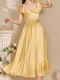 Nukty Yellow Ruffle Summer Chic French Pleated Long Dresses New Women's Flying Sleeve High Waist Square Collar Vacation Backless Dress