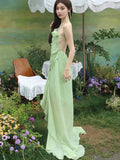 Nukty Elegant Green Halter Sleeveless Womens Dresses French Spaghetti Strap Backless Party Long Dress Summer Spring Casual Beach Robe