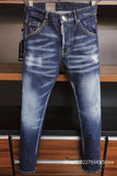 Nukty Men Blue Denim Jeans Skinny Holes Jeans Italian Style Stretch Denim Pants High Quality Male Slim Fit Denim Trousers Size 42