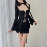 Nukty Vintage Chic Knitted Brown Skinny Mini Women Dresses Drawstring Corset Elegant Party Dress Flare Sleeve Slim Outfits