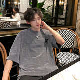 Nukty New Summer Stylish Bright TShirt Men Tops Shiny Loose Short Sleeve T-shirt High Street Aesthetic Harajuku Women Tshirt