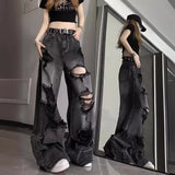 Nukty Unique Cool Ripped Jeans Women's Summer Distressed American Style Bell Bottoms Loose Fit Versatile Straight Leg Long Pants
