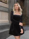 Nukty Women's Elegant Patchwork A-line Dress Fashion Square Neck Long Sleeve Party Dress New Lady Luxury Evening Mini Dress