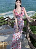 Nukty French Print Ruffles Princess Romantic Fairy Women's Dresses V-Neck Sleeeless Slim Wasit Length Dress Beach Vacation Summer