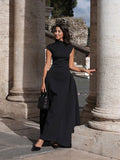 Nukty Elegant Oblique Collar Pleated A-line Dress For Women Fashion Brown Sleeveless Slim Long Dresses New Evening Party Gowns