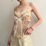 Nukty Vintage Floral Print Strap Top Retro Y2k Lace Stitching V-neck Crop Tops Women Summer Casual Tees Aesthetic Harajuku Chic
