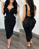 Nukty Sexy Plunge Ruffle Dresses for Women Elegant Thick Straps Deep V Neck Bow Decoration Backless Midi Sexy Formal Party Dress