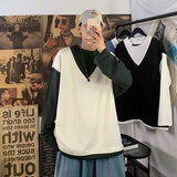 Nukty Fake Two Piece 100% Cotton Spring Autumn Harajuku Long Sleeve Men T Shirt Casual Korean Fashion Oversized Woman Top 2022 Trend