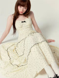 Nukty Sweet Gentle Style Polka Dot Print Long Camisols Cake Dresses Women's Summer Spliced Lace V-neck Sleeveless Bow Suspender Dress