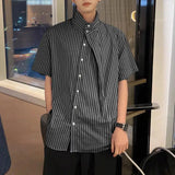 Nukty 2024 Men Striped Shirt Stand Collar Short Sleeve Summer Streetwear Men Clothing Pleated Fashion Casual Male Shirts S-5XL