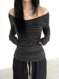 Nukty  Sexy Off Shoulder Long-Sleeve Women T Shirt Vintage Stripes Slim All-Match Tops Y2K Spring Korean Streetwear Casual Female Tees