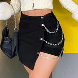 Nukty Gothic Skirt Irregular Chain Mini Skirt Woman Fashion Y2k Clothes Autumn Winter Streetwear Solid High Waist Black Skirt