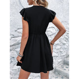 Nukty 2024 Summer Elegant Women Party Dress V-neck Sleeveless Solid Hollow Out  Dresses Elegant Ruffle Trim High Waist Pleated Dress