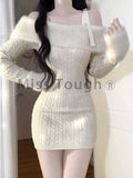 Nukty party look inspos Sexy Knitted New One Piece Dress Women Off Shoulder Sweet Vintage Y2k Mini Dress Female Korean Fashion Chic Sweater Dresses 2024