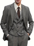 Nukty Polyester Blend Men'S 3pcs Suit Set - Vintage Herringbone Party Suit with Lapel Collar, Non-Stretch Fabric, Solid Color, Long Sleeve, Fall/Winter Season, Button-Front Details, Regular Fit Pants, and Vest - Woven Polyes