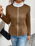 Nukty Long Sleeves Loose Pockets Solid Color Split-Joint Zipper Round-Neck Jackets Outerwear