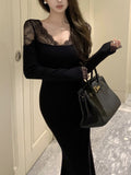 Nukty party look inspos Sexy Lace Patchwork Womens Dresses Vintage V-Neck Bodycon Evening Party Mermaid Dress Autumn Slim Waist Vestidos Long Robe New