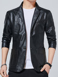 Nukty Men's Casual Faux Leather Blazer - Slim Fit, Button-Up Jacket with Pockets for Spring & Fall