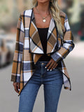 Nukty Long Sleeves Loose Contrast Color Plaid Split-Joint Collarless Outerwear