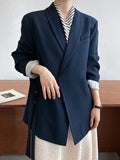Nukty Long Sleeves Loose Asymmetric Buttoned Pockets Solid Color Tied V-Neck Blazer Outerwear
