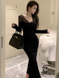 Nukty party look inspos Sexy Lace Patchwork Womens Dresses Vintage V-Neck Bodycon Evening Party Mermaid Dress Autumn Slim Waist Vestidos Long Robe New