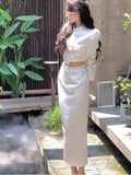 Nukty party look inspos Autumn New Chinese Style Satin 2-Piece Set Vintage Short Blazer High Waist Hip-Wrapped Pencil Skirt Suit Women Luxury Clothing