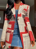 Nukty Long Sleeves Loose Buttoned Newspaper Print Pockets Split-Joint Notched Collar Blazer Outerwear
