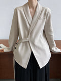 Nukty Long Sleeves Loose Asymmetric Buttoned Pockets Solid Color Tied V-Neck Blazer Outerwear