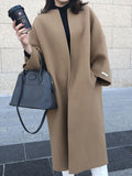 Nukty Long Sleeves Loose Solid Color Collarless Woolen Coat