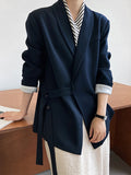 Nukty Long Sleeves Loose Asymmetric Buttoned Pockets Solid Color Tied V-Neck Blazer Outerwear
