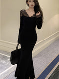 Nukty party look inspos Sexy Lace Patchwork Womens Dresses Vintage V-Neck Bodycon Evening Party Mermaid Dress Autumn Slim Waist Vestidos Long Robe New