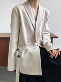Nukty Long Sleeves Loose Asymmetric Buttoned Pockets Solid Color Tied V-Neck Blazer Outerwear