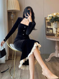 Nukty party look inspos Vintage Bodycon Black Velvet Mermaid Party Dress Women Elegant Square Collar Lace Patchwork Evening Vestidos Autumn Prom Robe