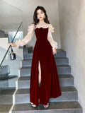 Nukty party look inspos Elegant Red Ruffles Slash Neck Evening Party Dress for Women Puff Sleeve Off Shoulder Split Wedding Prom Robe Female Vestidos