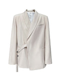 Nukty Long Sleeves Loose Asymmetric Buttoned Pockets Solid Color Tied V-Neck Blazer Outerwear