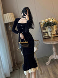 Nukty party look inspos Vintage Bodycon Black Velvet Mermaid Party Dress Women Elegant Square Collar Lace Patchwork Evening Vestidos Autumn Prom Robe