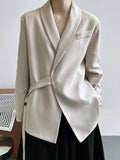 Nukty Long Sleeves Loose Asymmetric Buttoned Pockets Solid Color Tied V-Neck Blazer Outerwear