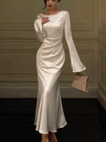 Nukty party look inspos Autumn Satin Long Dresses For Women Flare Sleeve Slim Mermaid Spring French Vintage Wedding Party Prom Robe Vestidos Para Mujer