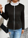 Nukty Long Sleeves Loose Pockets Solid Color Split-Joint Zipper Round-Neck Jackets Outerwear