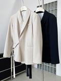 Nukty Long Sleeves Loose Asymmetric Buttoned Pockets Solid Color Tied V-Neck Blazer Outerwear