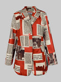 Nukty Long Sleeves Loose Buttoned Newspaper Print Pockets Split-Joint Notched Collar Blazer Outerwear